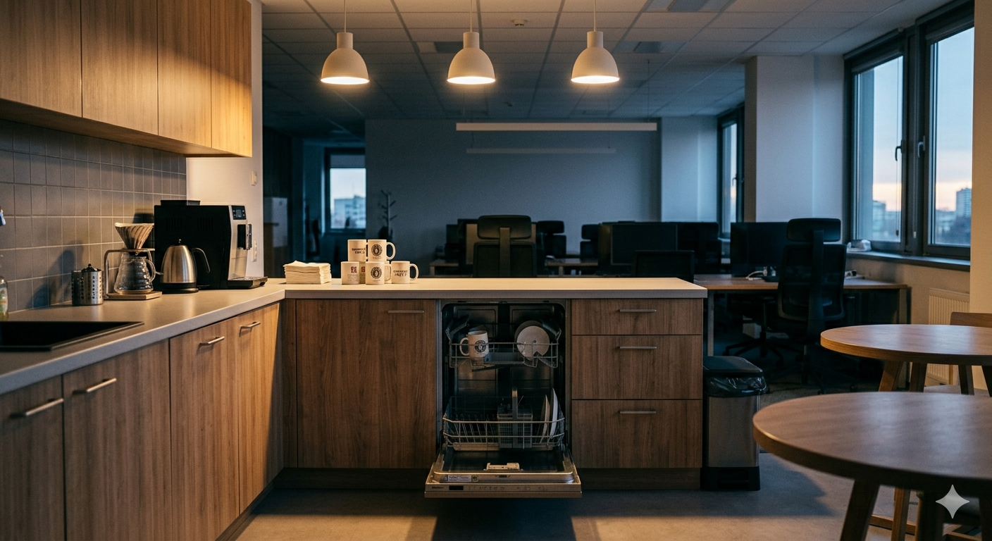 pusta kuchnia biurowa, zmywarka otwarta, poranny luz - drobny gest który nikt nie widzi