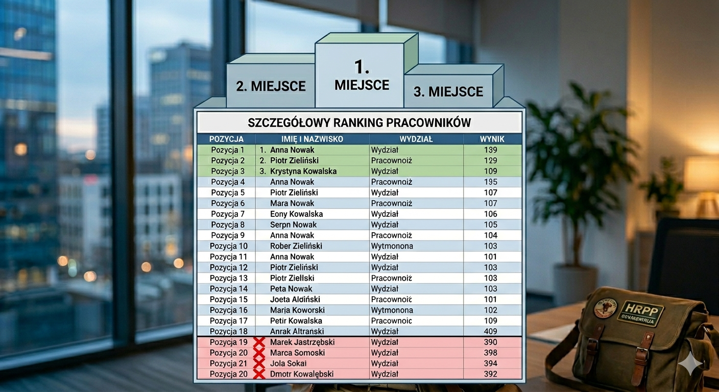schemat rankingu pracowników w stylu podium lub tabeli. Dolne 10% oznaczone czerwonym krzyżykiem.